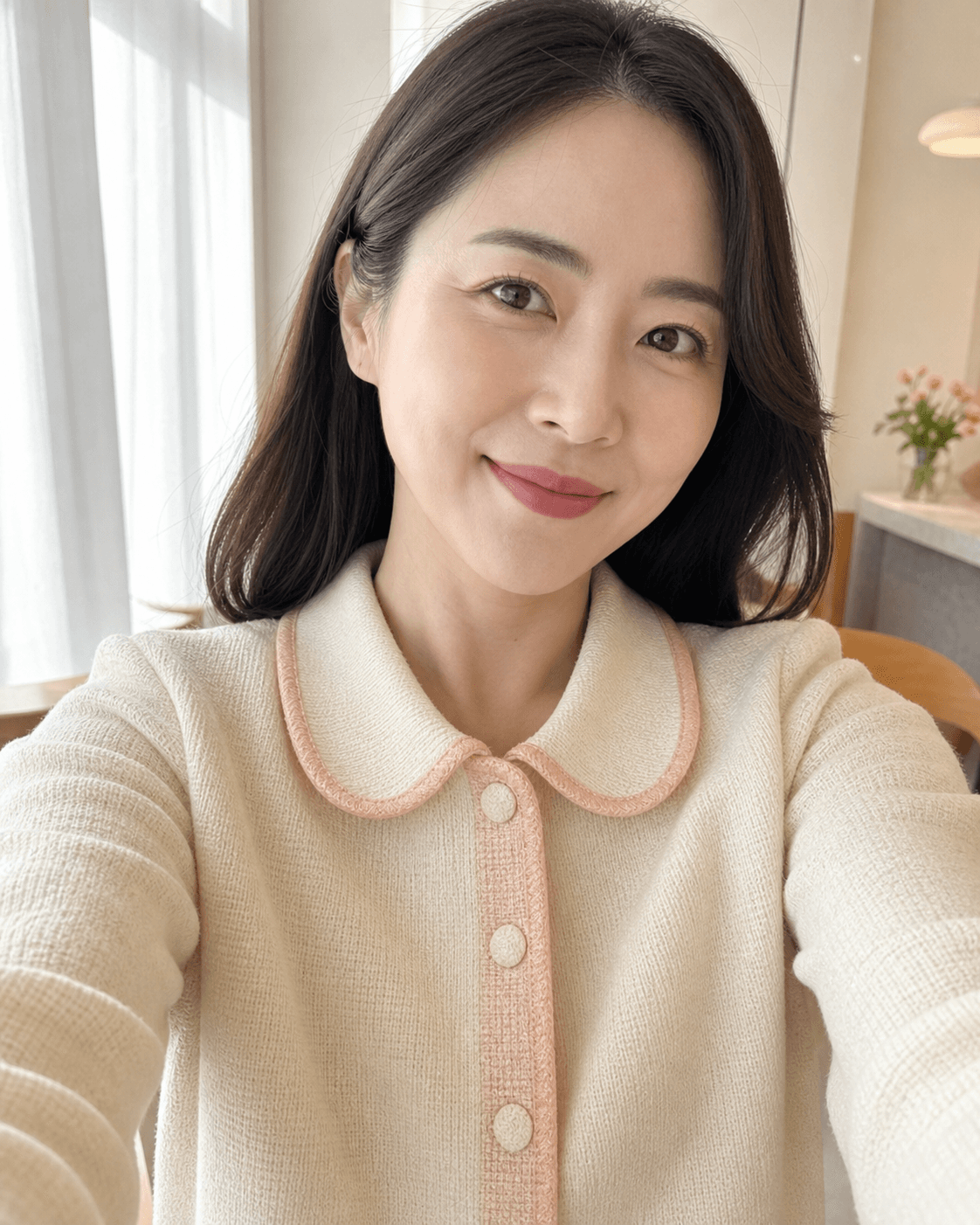 Fictional model in an ivory jacket with blush-pink trim