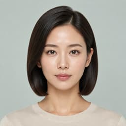 Fictional East Asian adult demo portrait with visible hair