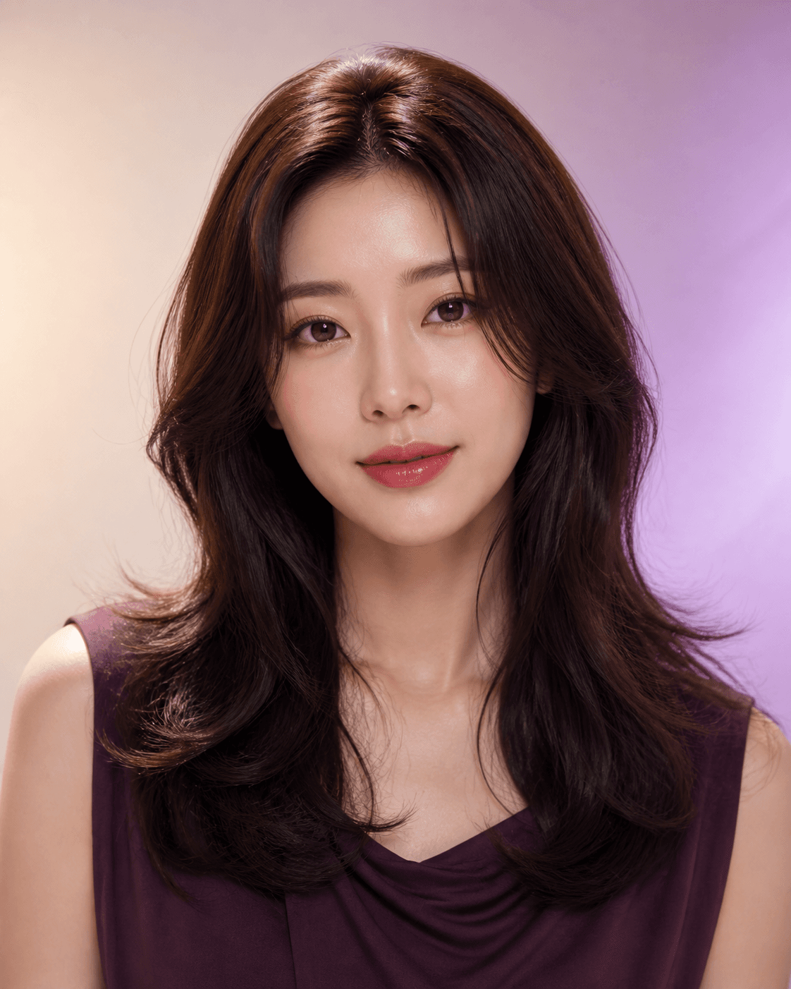 Fictional model wearing softly layered dark hair
