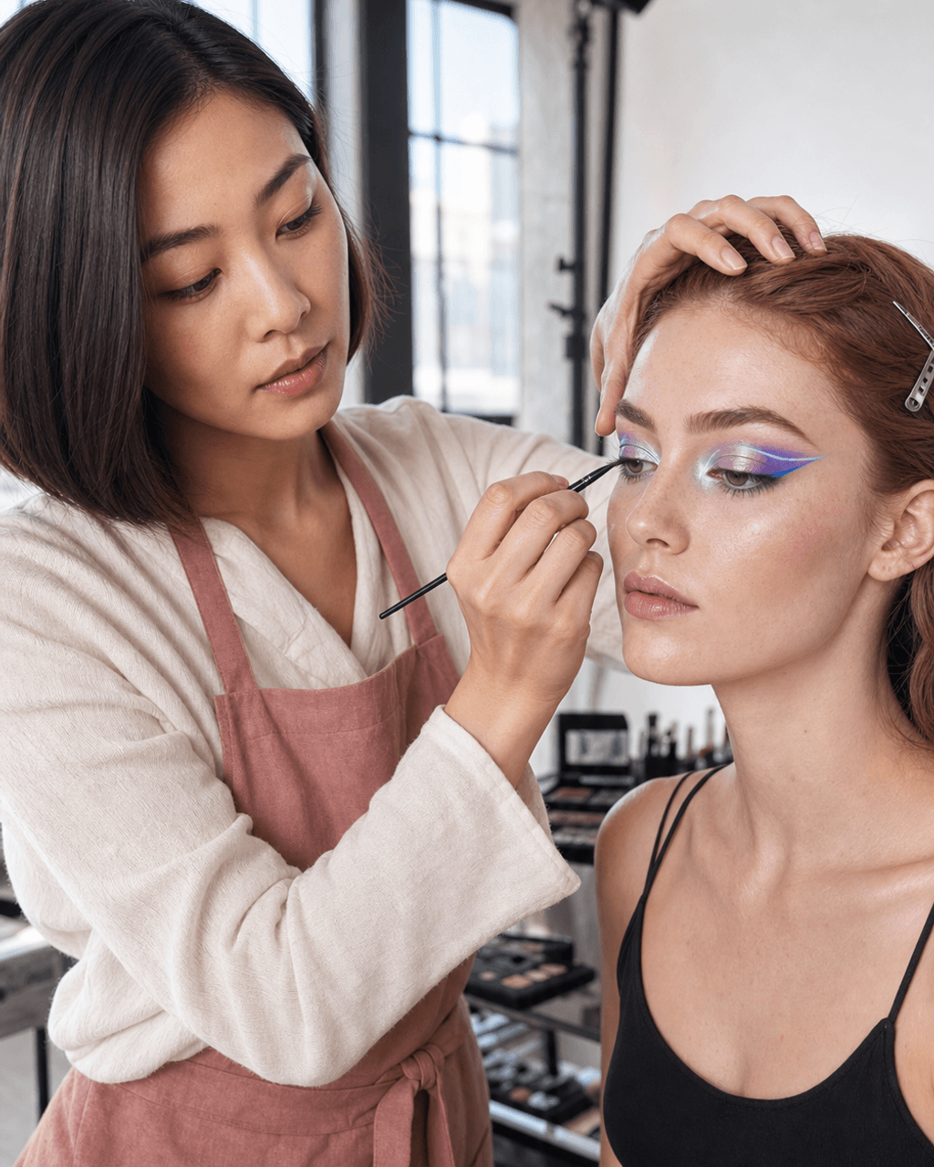 Fictional demo artist Mira Sol applying graphic eye makeup to a fictional model