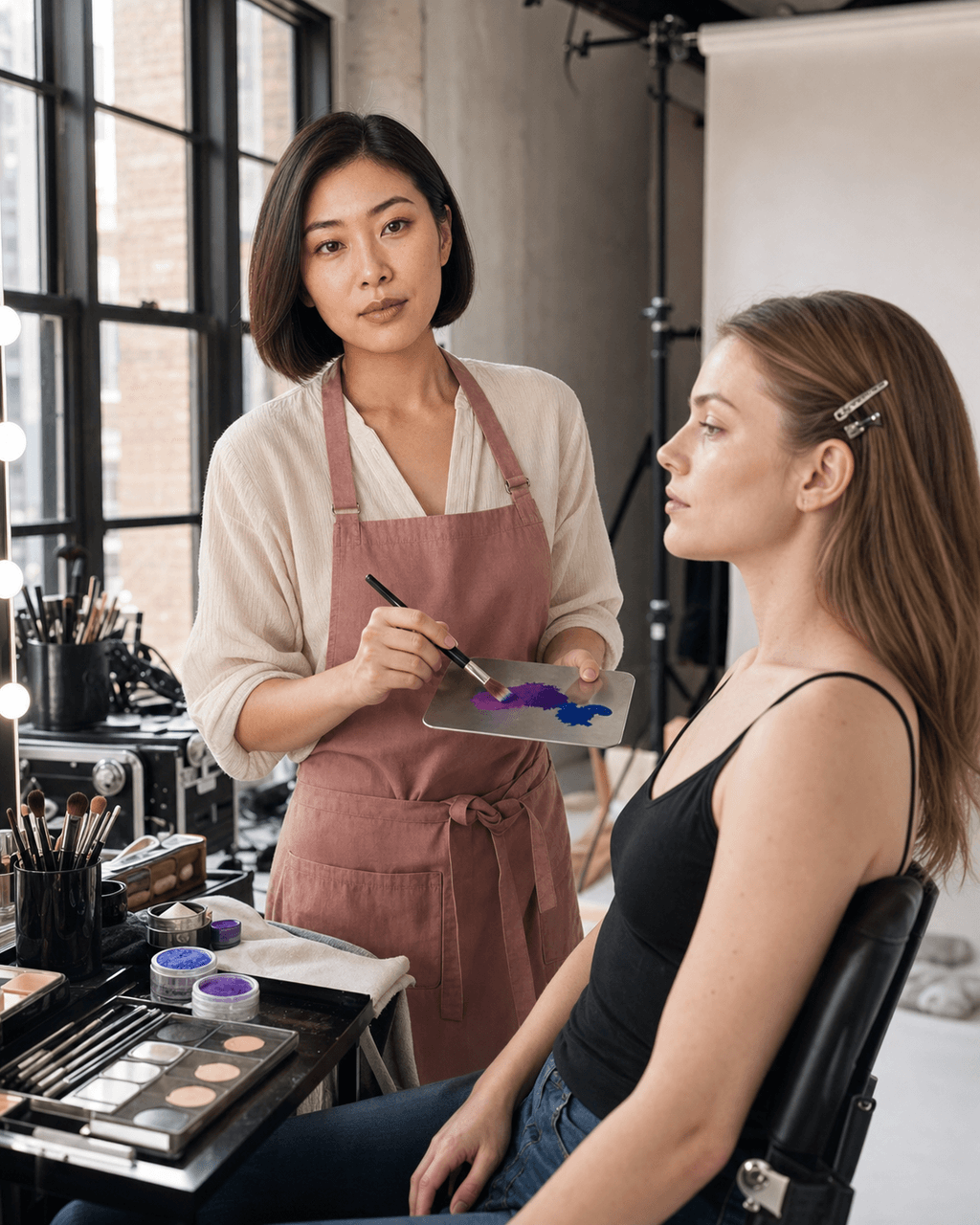 Fictional demo artist Mira Sol preparing pigments in a New York makeup studio