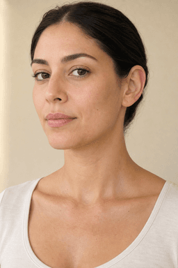 Jewelry-safe fictional demo portrait with ears and neckline visible